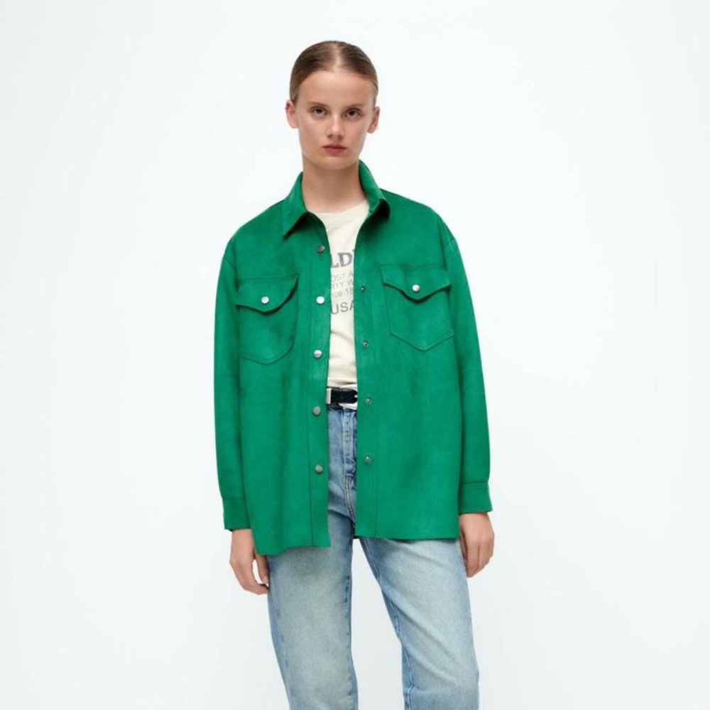 Zara Kelly Green Faux Suede Longline Shirt